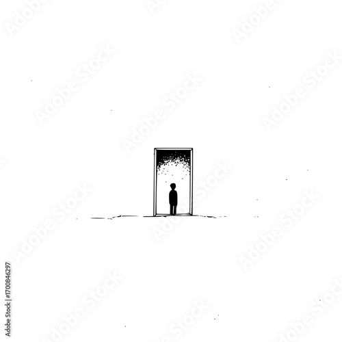 A figure stands before a dark doorway contemplating the unknown and the possibilities that it holds for all of us