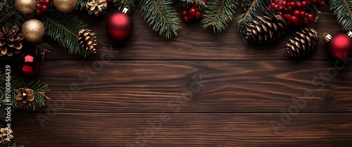 Festive Decorations Arranged on Wooden Surface Ready for Christmas Celebratio...
