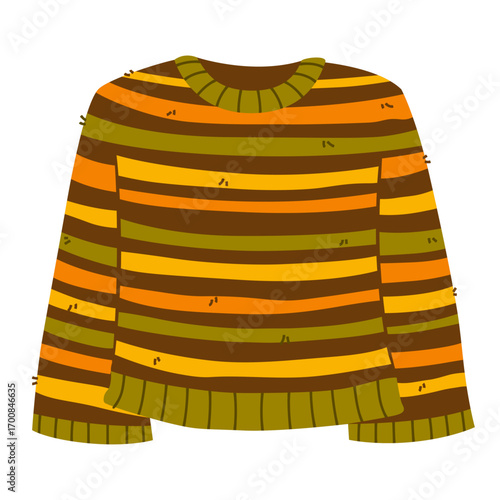 Cozy autumn striped sweater in warm shades of brown, orange and yellow. Seasonal knitwear illustration perfect for fall fashion, comfort concepts, apparel prints and holiday design themes.