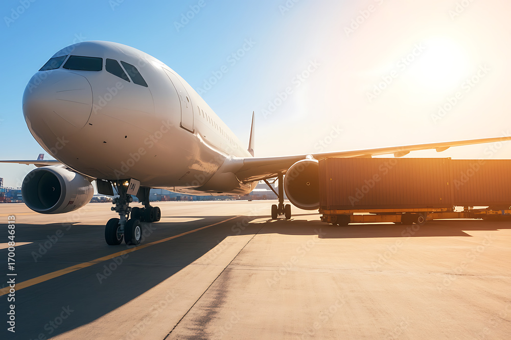 Obraz premium Wide-body aircraft on the tarmac with cargo, under a clear blue sky and bright sunlight, evokes themes of travel and global trade.