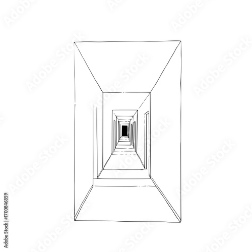 Hallway perspective sketch with vanishing point and doors in a monochrome minimalist style drawing art that is simple