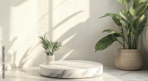 Marble Display Stand Surrounded by Lush Green Plants in a Bright, Sunlit Room.