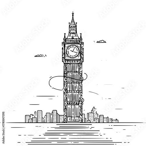 Big ben and london skyline outline illustration with detailed architecture and urban landscape drawing