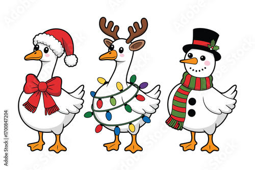 Three cute cartoon geese dressed in christmas costumes and decorations
