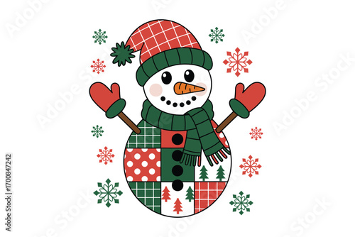 Cute patchwork snowman wearing a plaid hat and scarf with snowflakes