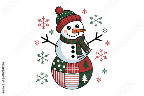 Cute patchwork snowman wearing a hat and scarf with snowflakes