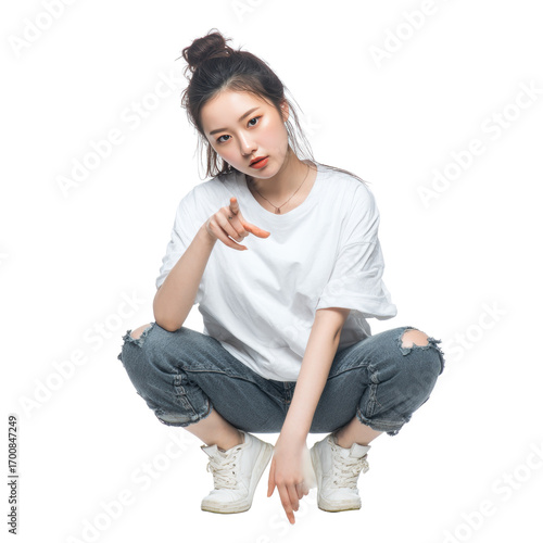 East Asian woman squatting and pointing at viewer on white background