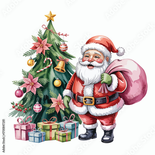 Santa claus with gifts and christmas tree watercolor illustration
