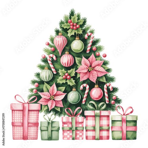 Beautifully decorated christmas tree surrounded by festive gift boxes