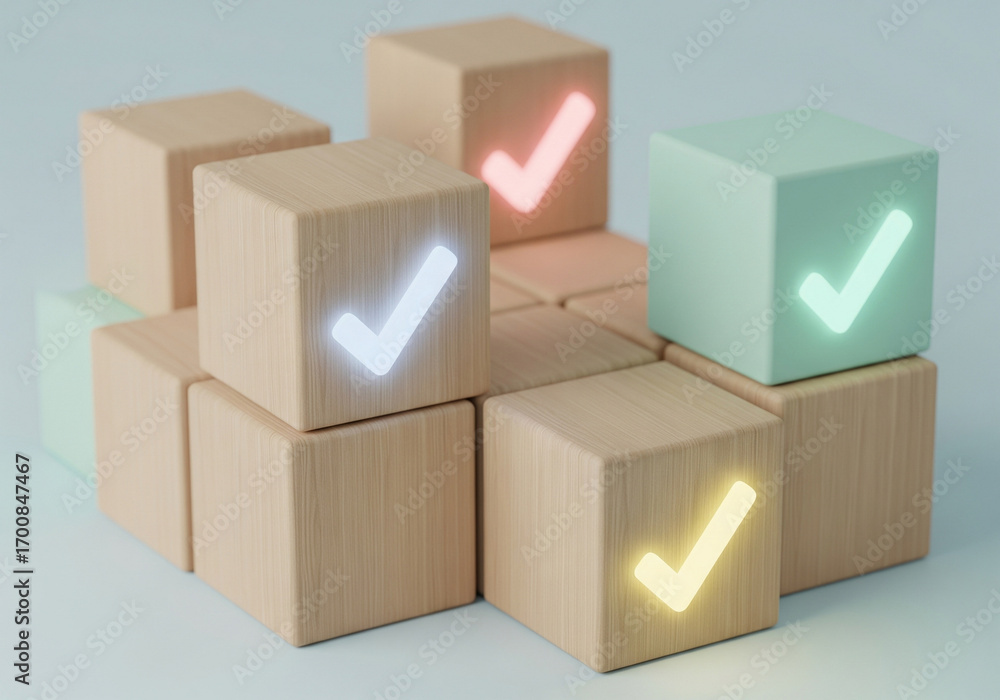 Obraz premium Wooden cubes with glowing checkmarks arranged in a playful, organized pattern, representing choices and success.