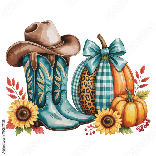 Cowboy boots and hat with pumpkins and sunflowers for autumn harvest