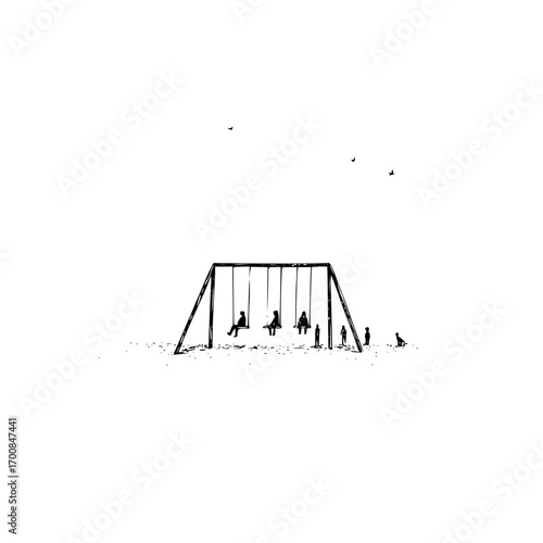 A monochrome illustration of people on swings and birds in a minimalist style scene outdoors