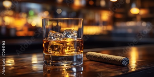 Whiskey and Cigar by the Bar During a Cozy Evening at a Lounge