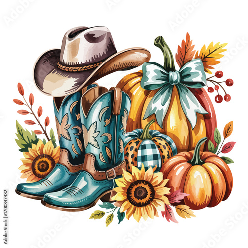 Autumn cowboy boots pumpkin hat and sunflowers watercolor illustration