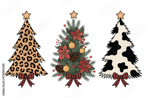 Three festive christmas trees with unique patterns and decorations