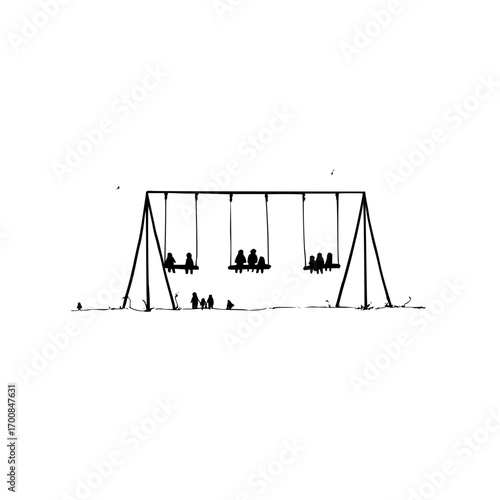 Silhouette of people on swings at a playground in black and white minimalist illustration art