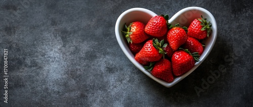 Fresh Strawberries in a Heart-Shaped Bowl on a Dark Surface for a Healthy Sna...