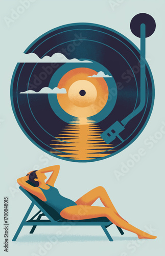 A flat illustration of a music lover girl relaxing on a chaise longue with a retro vinyl record player above it. Vector graphics. EPS.