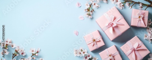 Spring-themed Gift Boxes Surrounded by Cherry Blossom Flowers on a Light Blue...