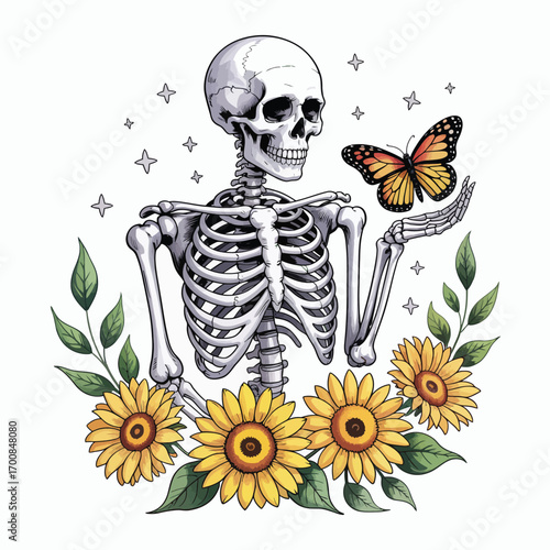 Skeleton with butterfly and sunflowers art illustration