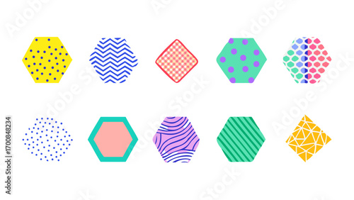 Collection of ten patterned shapes including hexagons and diamonds on a white background artfully arranged