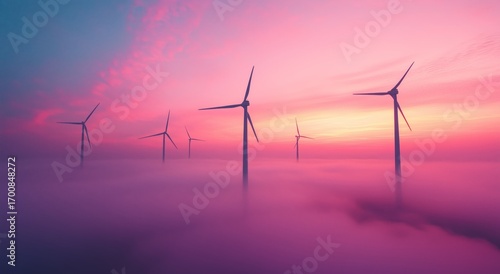 Wind Turbines Silhouetted Against a Vibrant Sunset Over a Foggy Landscape