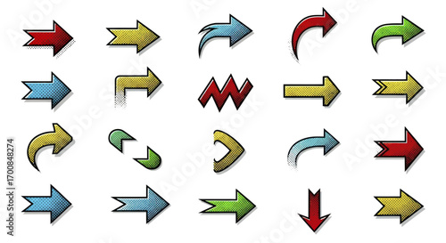 Icon Set Vector Collection of Colorful Retro Arrows with Pop Art Halftone Texture