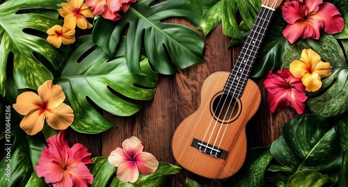 Vibrant Arrangement of Ukulele and Tropical Flowers on a Wooden Surface in a ...