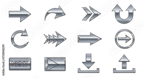 Icon Set Vector Collection of Metallic Arrow and Navigation Symbols with Chrome Effect