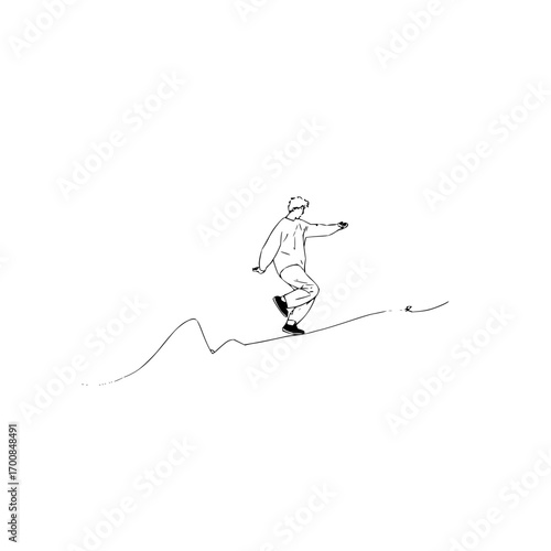 Man balancing on a thin line illustration in black and white line art style, simple and minimalist design with a person