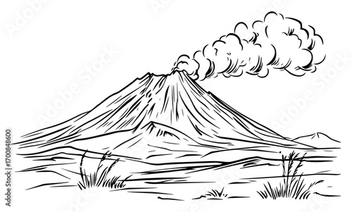 Active smoking volcano sketch – dramatic mountain eruption landscape vector illustration