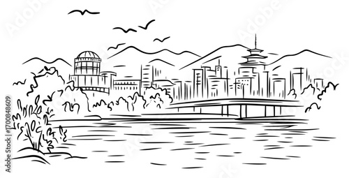 Vancouver skyline with Science World and mountains – scenic Canadian city sketch vector illustration