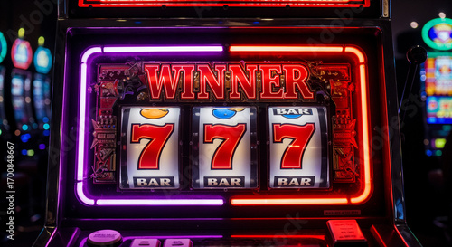 Slot machine close-up showing three sevens and “WINNER” in neon lights