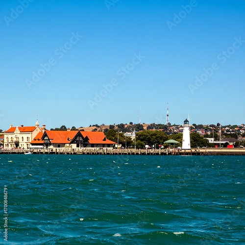 Waterfront scene with buildings and lighthouse