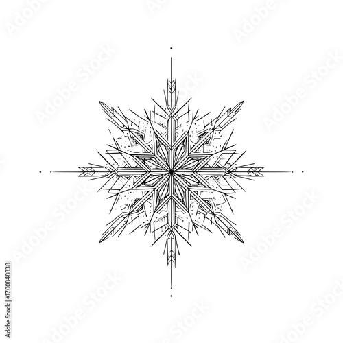 Detailed snowflake design with intricate line work and geometric patterns on a white background