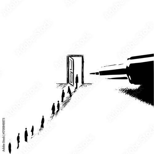 People walking towards a door with a gun looming over them in a black and white drawing style image