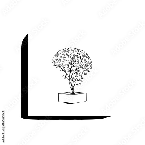 Brain tree growing in a pot representing mental growth and the power of the mind and intellect