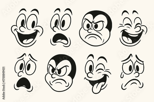 Cartoon face expression vector set in vintage rubber hose style with funny exaggerated emotions
