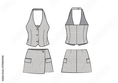 Women Tailored Tweed Halter Neck Vest Top With Wrap Mini Skirt Matching Set , Front & Back View, CAD fashion flat sketch, Editable Flat Technical Drawings Illustration, Skirt Mockup	