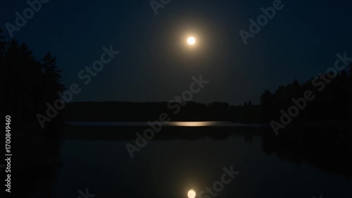 Day to night Full moon rising timelapse on horizon with long reflection on Geluva lake in Lithuania countryside nature