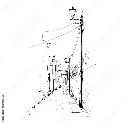 Sketch of a narrow street with a lamppost and buildings on either side in black and white style