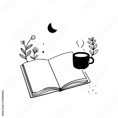 Book coffee and moon illustration with plants and steam in a minimalist style drawing with black lines