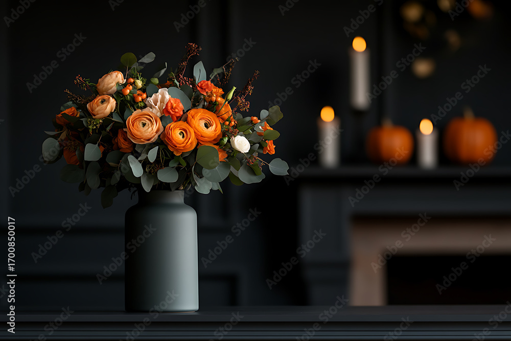 Fototapeta premium Autumn bouquet in vase: orange ranunculus, eucalyptus, and seasonal accents against a dark backdrop, complemented by candles and pumpkins.