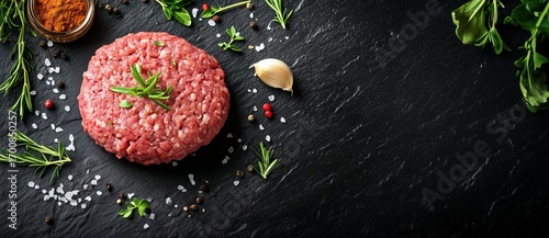 Fresh Ground Meat Surrounded by Herbs and Spices on a Dark Countertop.