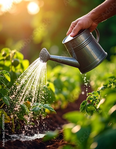 Watering plants in a sunny garden