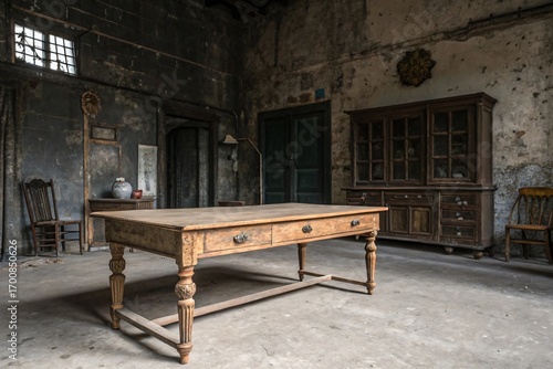 Wallpaper Mural An old, dusty, and dilapidated room with antique wooden furniture, including a large table and a cabinet, showcasing a forgotten interior. Torontodigital.ca