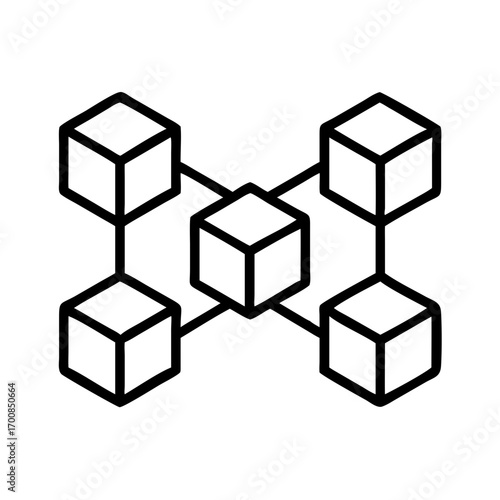 Blockchain technology network diagram with interconnected cubes for decentralized systems and data security