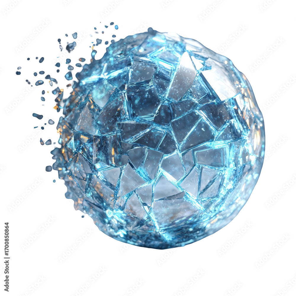 Fototapeta premium A sphere of shattered blue glass exploding outwards, isolated on transparent background