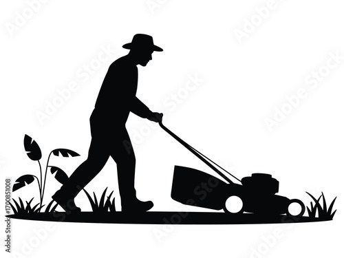Man mowing grass with lawn mower silhouette in yard