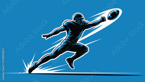 Dynamic American football player sprinting and throwing the ball with speed and energy in bold blue design